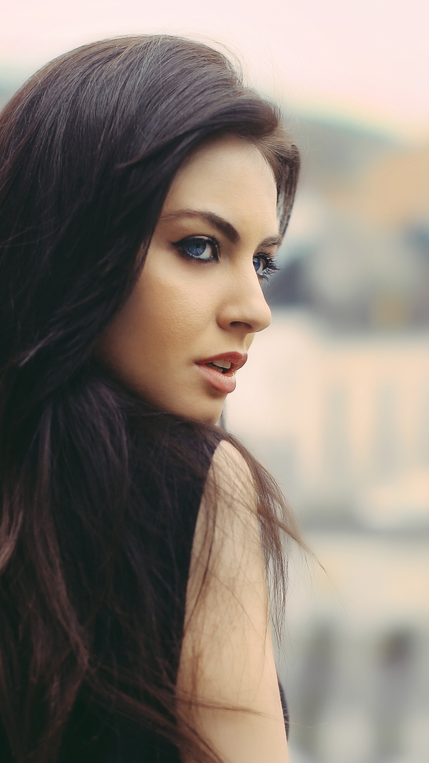 Blue Eyes Brunette Girl, Eye Color, Brown Hair, Hairstyle, Model. Wallpaper in 1440x2560 Resolution