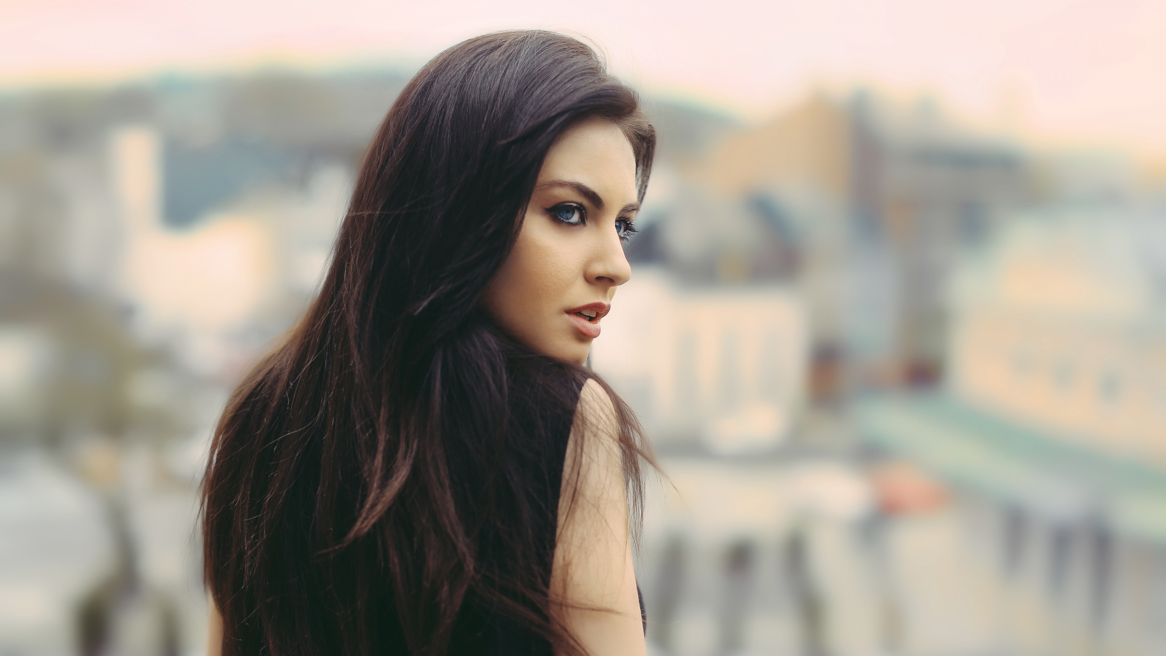 Blue Eyes Brunette Girl, Eye Color, Brown Hair, Hairstyle, Model. Wallpaper in 3840x2160 Resolution