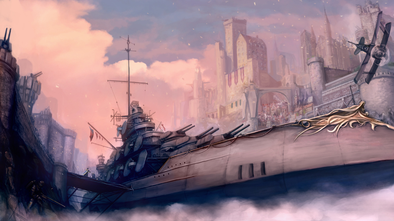 Steampunk, Navire, Dirigeable, Aquarelle Peinture, Navire de Guerre. Wallpaper in 1280x720 Resolution
