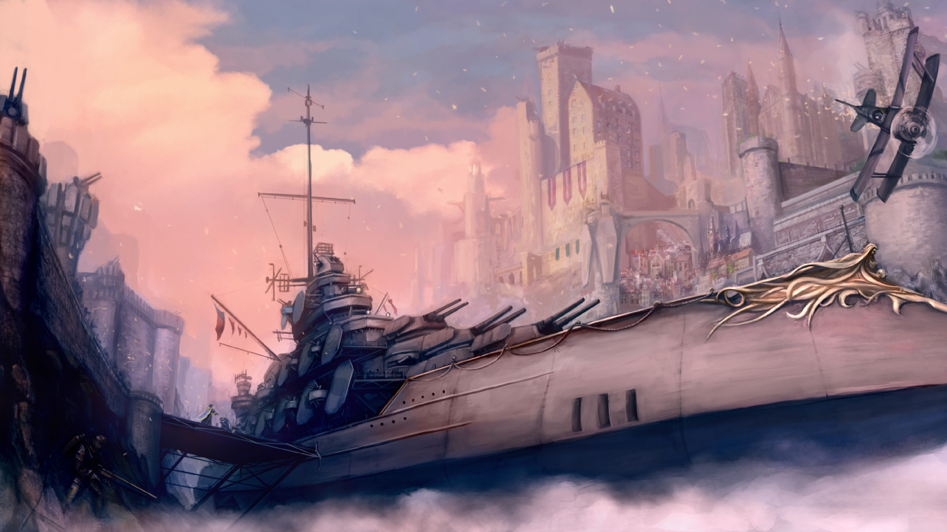 Steampunk, Ship, Airship, Painting, Watercolor Paint. Wallpaper in 1366x768 Resolution