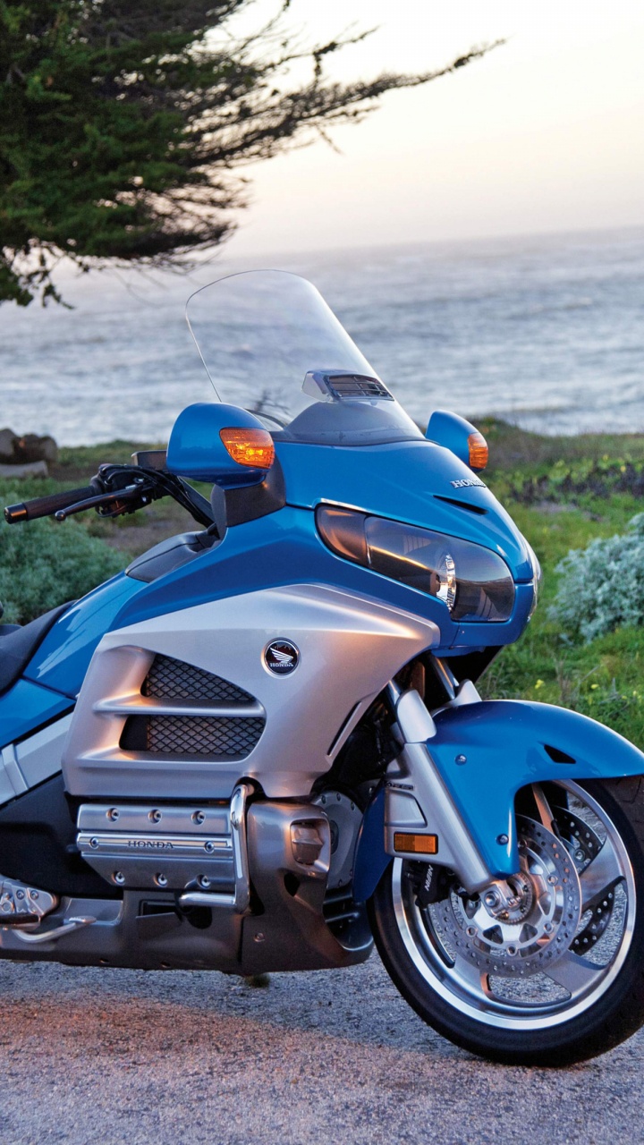 Blue and Black Sports Bike on Green Grass Field Near Body of Water During Daytime. Wallpaper in 720x1280 Resolution