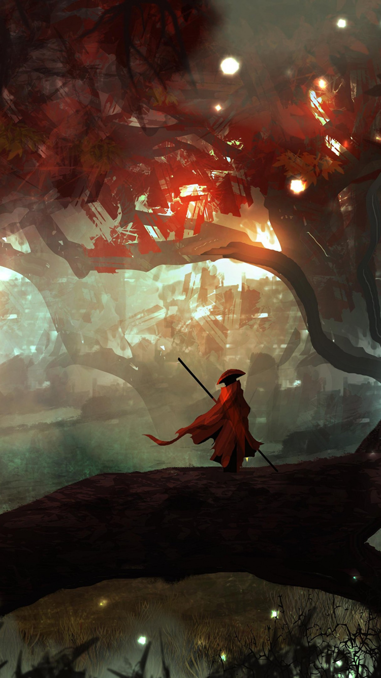 Pintura de Árbol Rojo y Negro. Wallpaper in 750x1334 Resolution