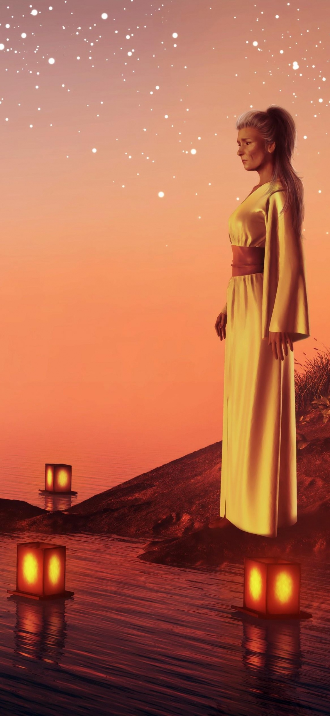 Woman in White Dress Standing on Dock During Sunset. Wallpaper in 1125x2436 Resolution