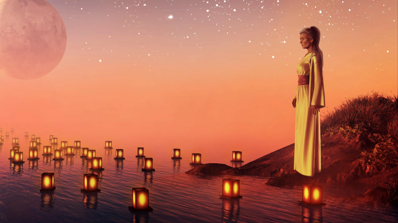 Woman in White Dress Standing on Dock During Sunset. Wallpaper in 1366x768 Resolution