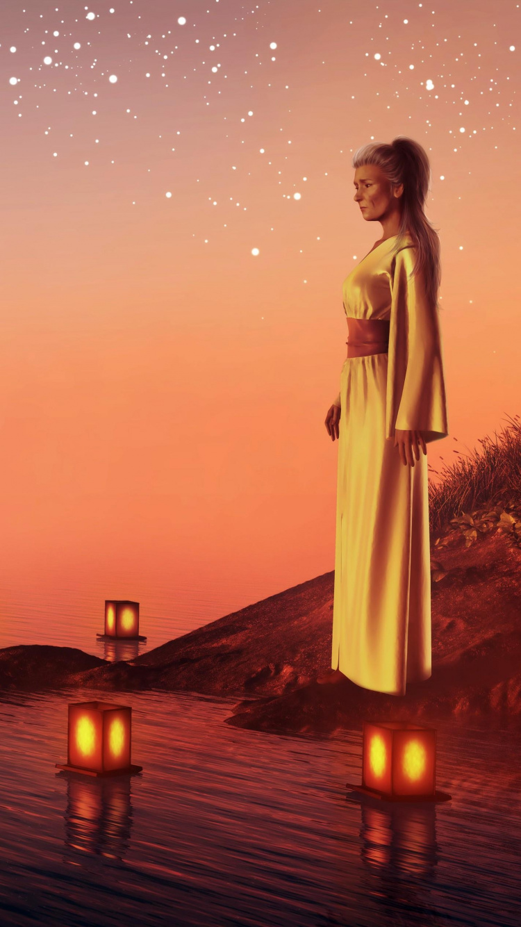 Woman in White Dress Standing on Dock During Sunset. Wallpaper in 750x1334 Resolution