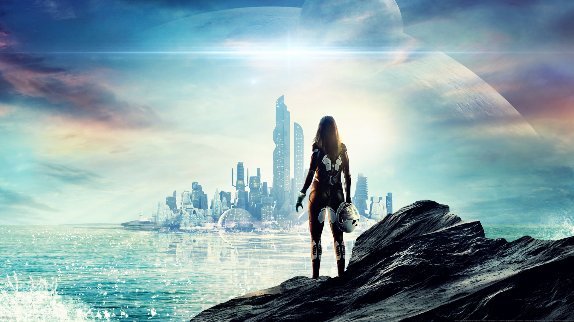 Woman in Black Tank Top and Black Shorts Standing on Rock Formation Near Body of Water. Wallpaper in 1920x1080 Resolution