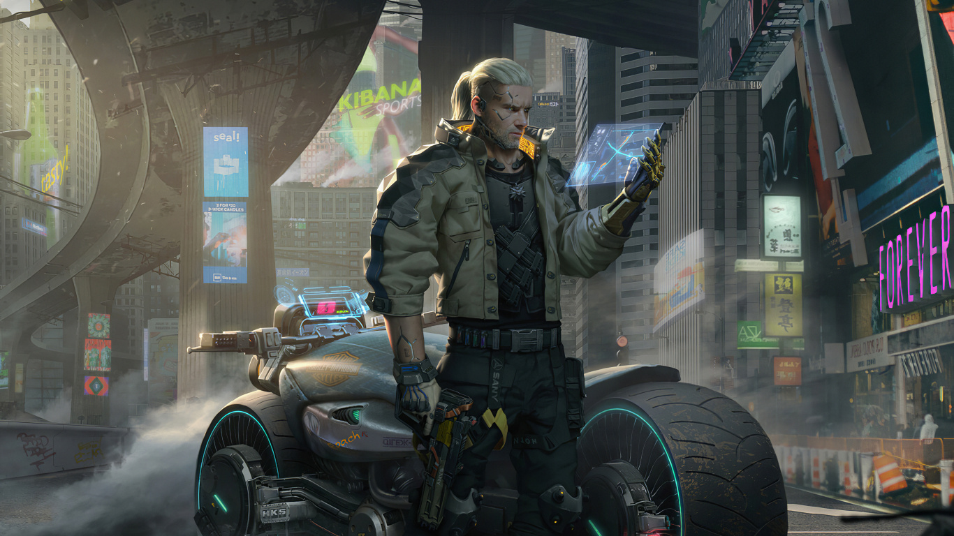 Cyberpunk 2077, Geralt of Rivia, The Witcher, cd Projekt, pc Game. Wallpaper in 1366x768 Resolution