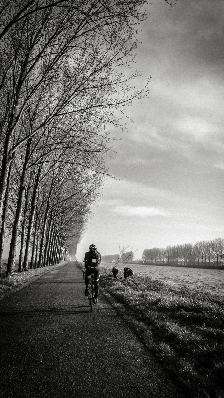 Photo en Niveaux de Gris de 2 Hommes Faisant du Vélo Sur la Route. Wallpaper in 720x1280 Resolution