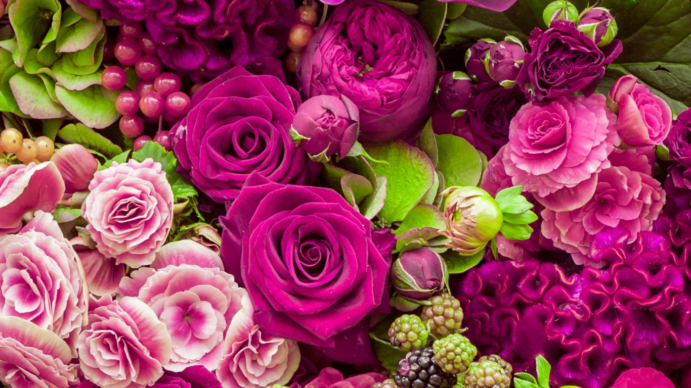 粉红色, 花卉设计, 莉莉, 混合茶玫瑰, 花安排 壁纸 1366x768 允许