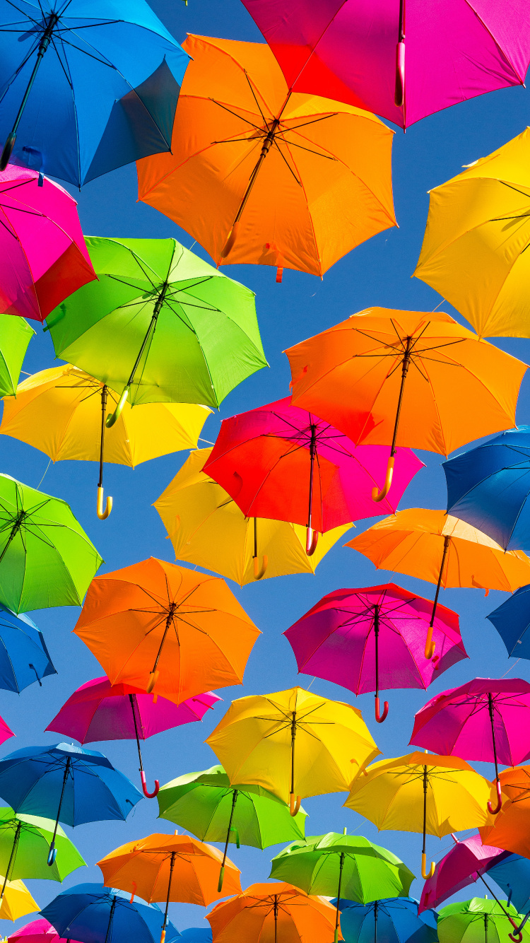 Pink Umbrella on Blue Umbrella. Wallpaper in 750x1334 Resolution