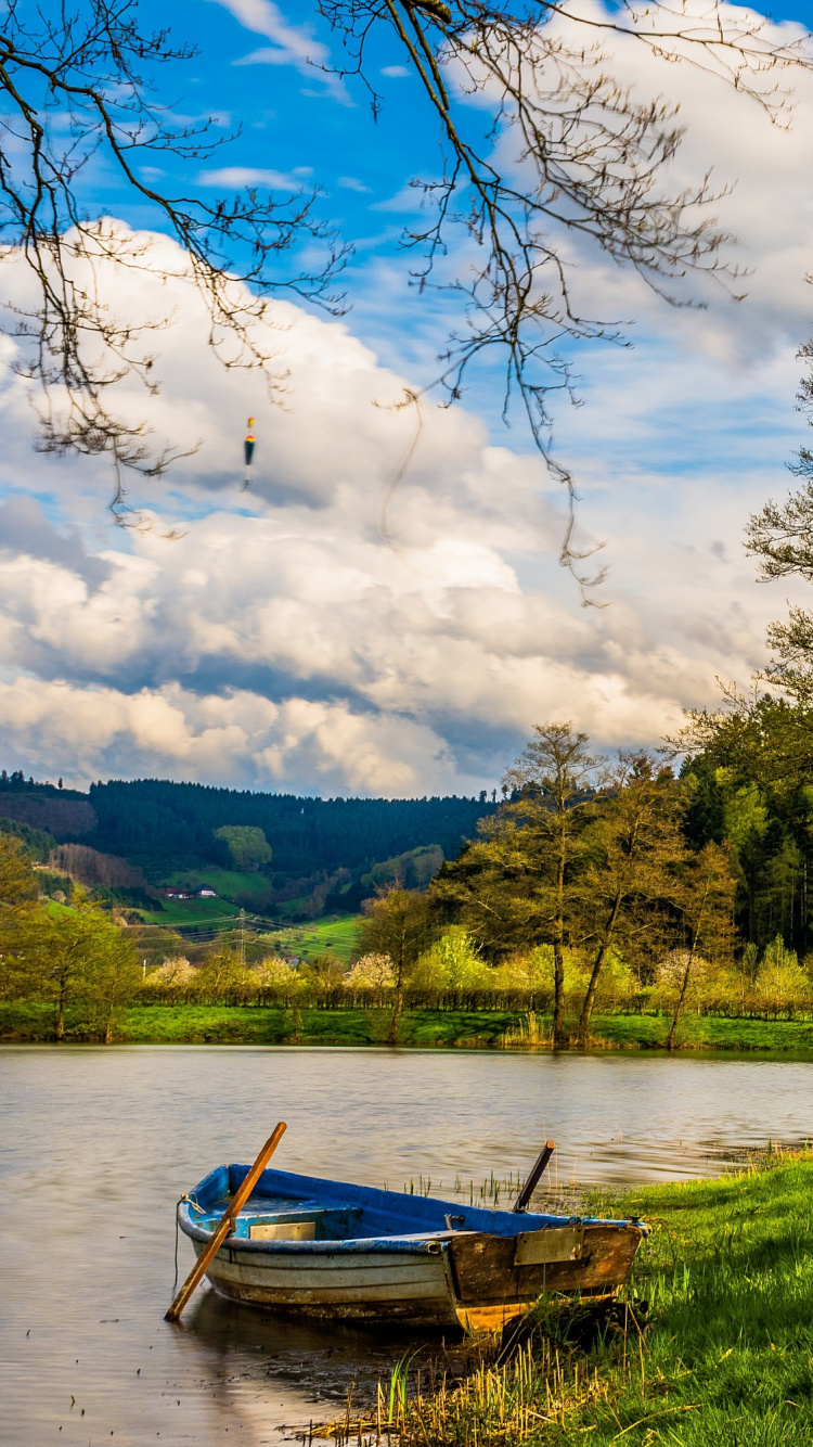 Braunes Boot Auf Grüner Wiese in Der Nähe Des Sees Tagsüber. Wallpaper in 750x1334 Resolution