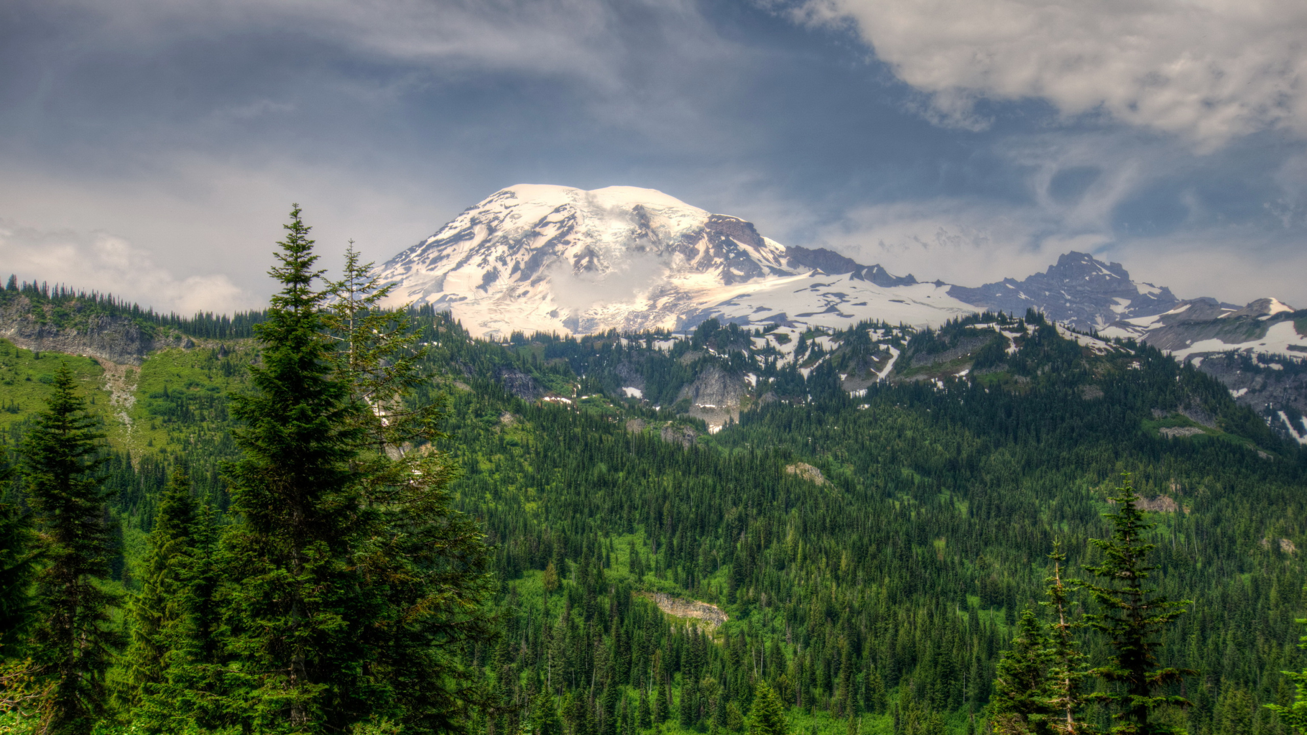 Green Trees Near Snow Covered Mountain Under Cloudy Sky During Daytime. Wallpaper in 2560x1440 Resolution