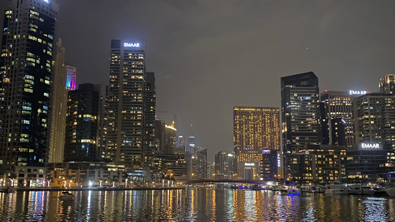 Dubai, Cityscape, Tower Block, Night, Reflection. Wallpaper in 1366x768 Resolution