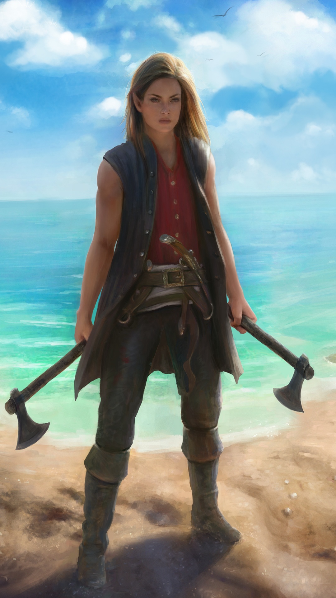 Frau in Rotem Ärmellosem Kleid Mit Schwarzem Stock, Die Tagsüber am Strand Steht. Wallpaper in 1080x1920 Resolution