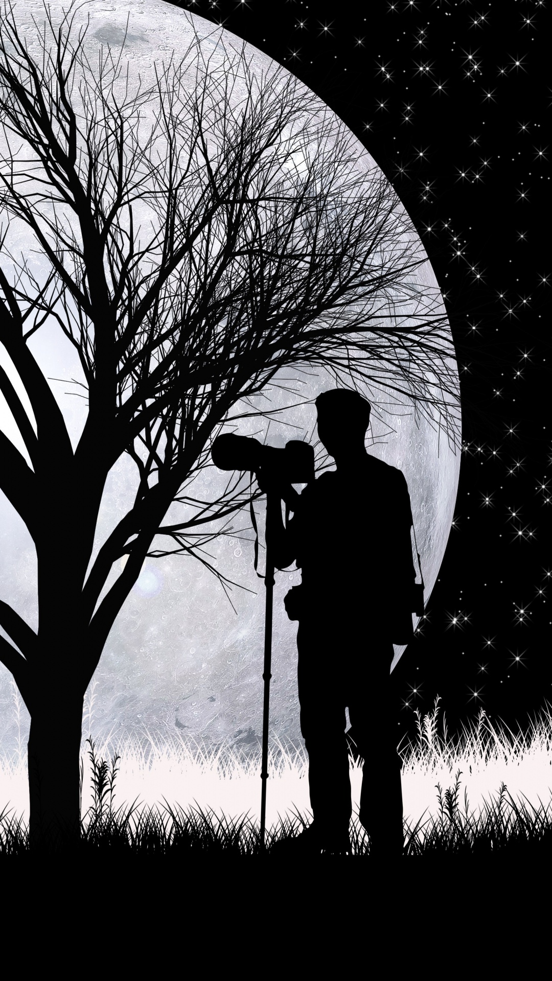 Wolf, Silhouette, Mond, Kunst, Baum. Wallpaper in 1080x1920 Resolution