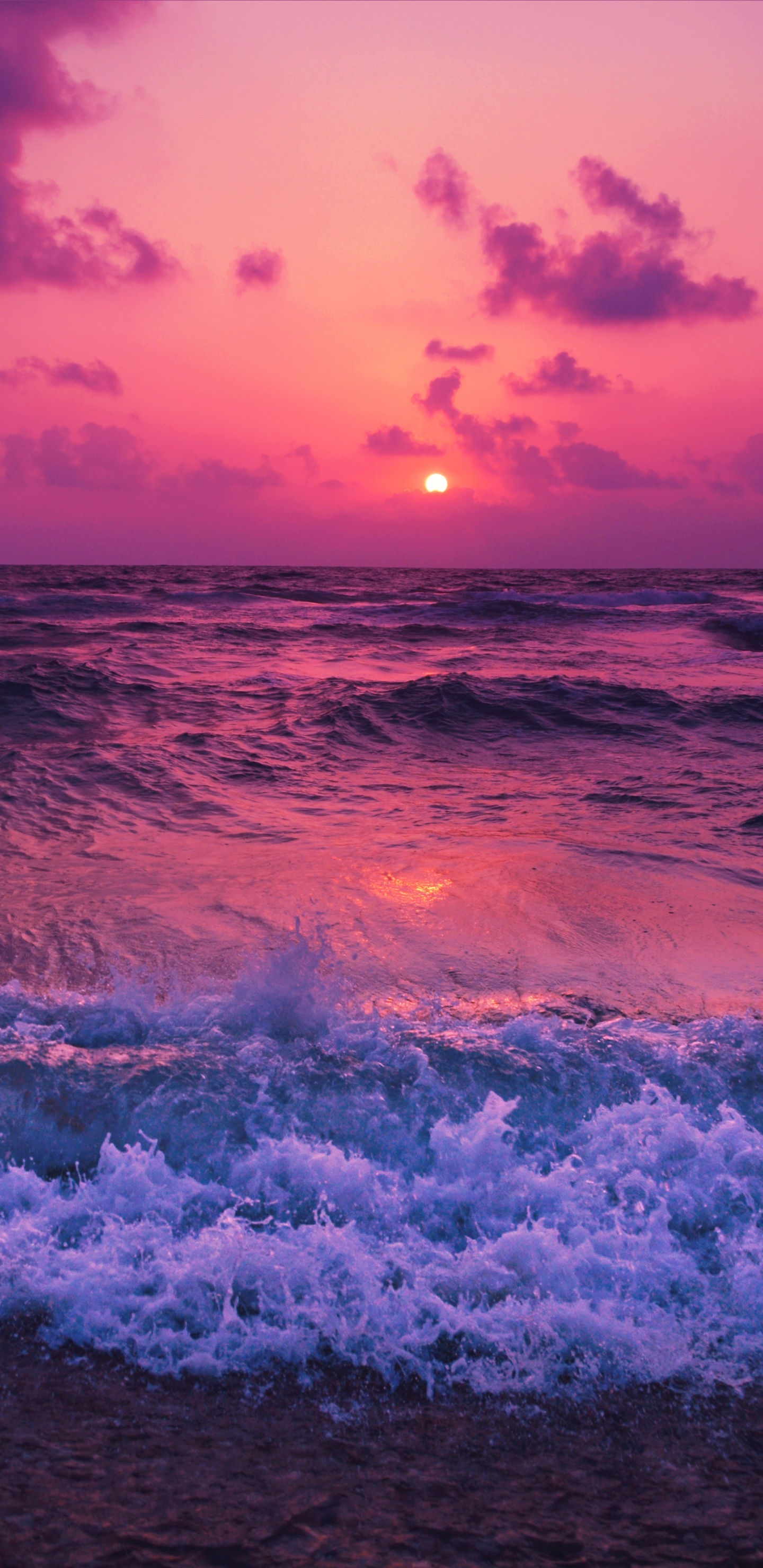 Sunset Waves, Sunset, Beach, Wind Wave, Sea. Wallpaper in 1440x2960 Resolution