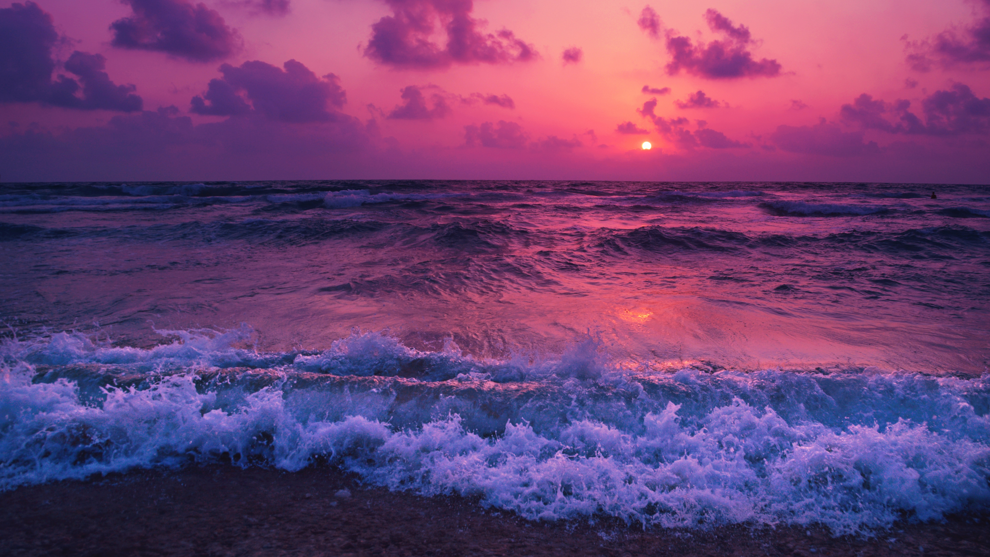 Sunset Waves, Sunset, Beach, Wind Wave, Sea. Wallpaper in 3840x2160 Resolution