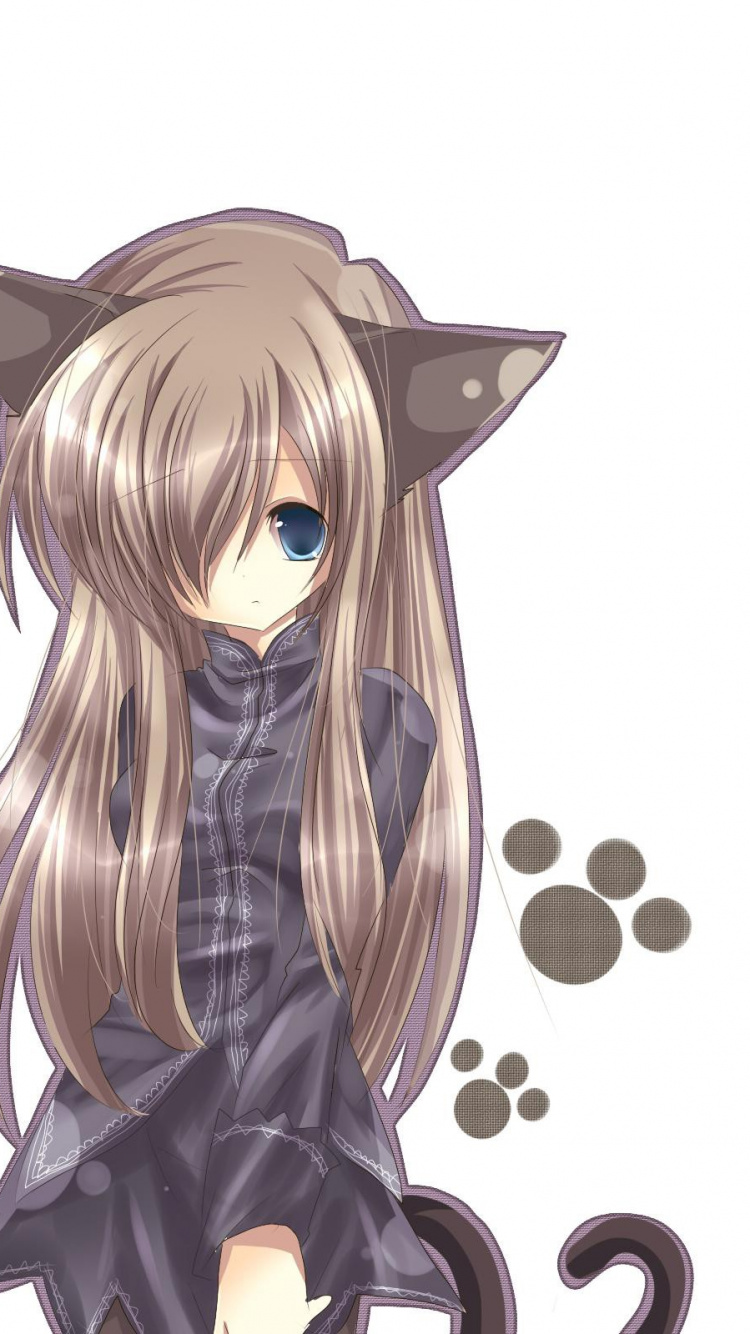 Catgirl, 可爱, 长长的头发, 耳朵, 尾巴 壁纸 750x1334 允许