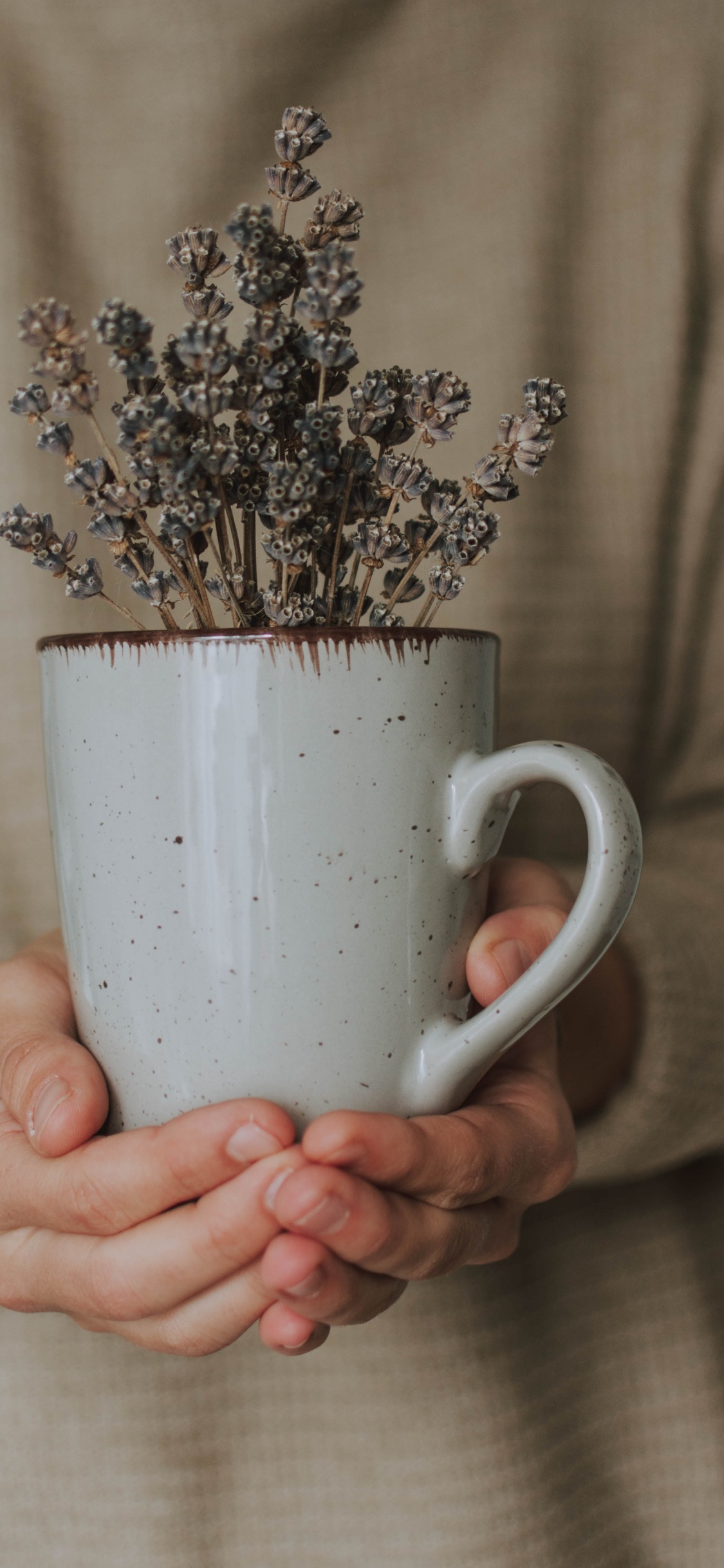 Person Holding White Ceramic Mug With Brown and White Flowers. Wallpaper in 1125x2436 Resolution
