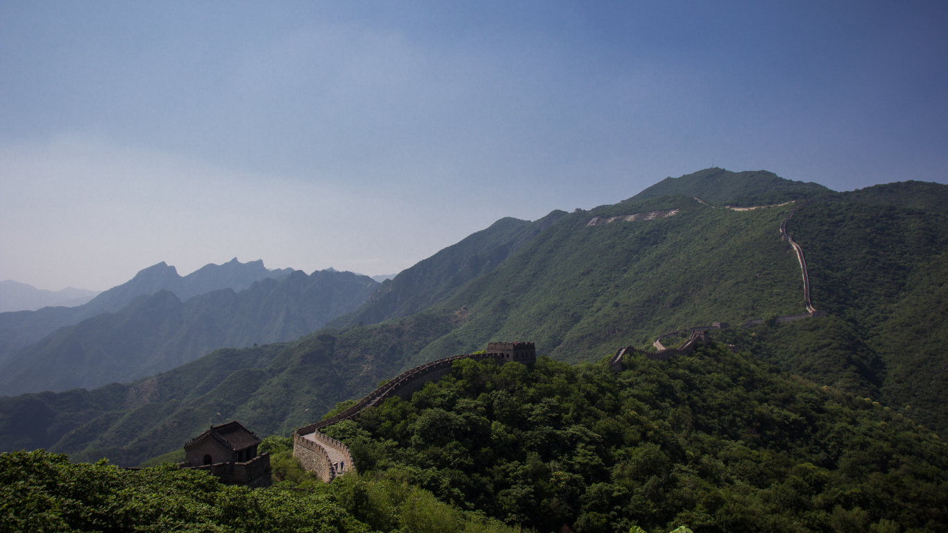 中国的长城, 多山的地貌, 山站, 高地, 植被 壁纸 1366x768 允许