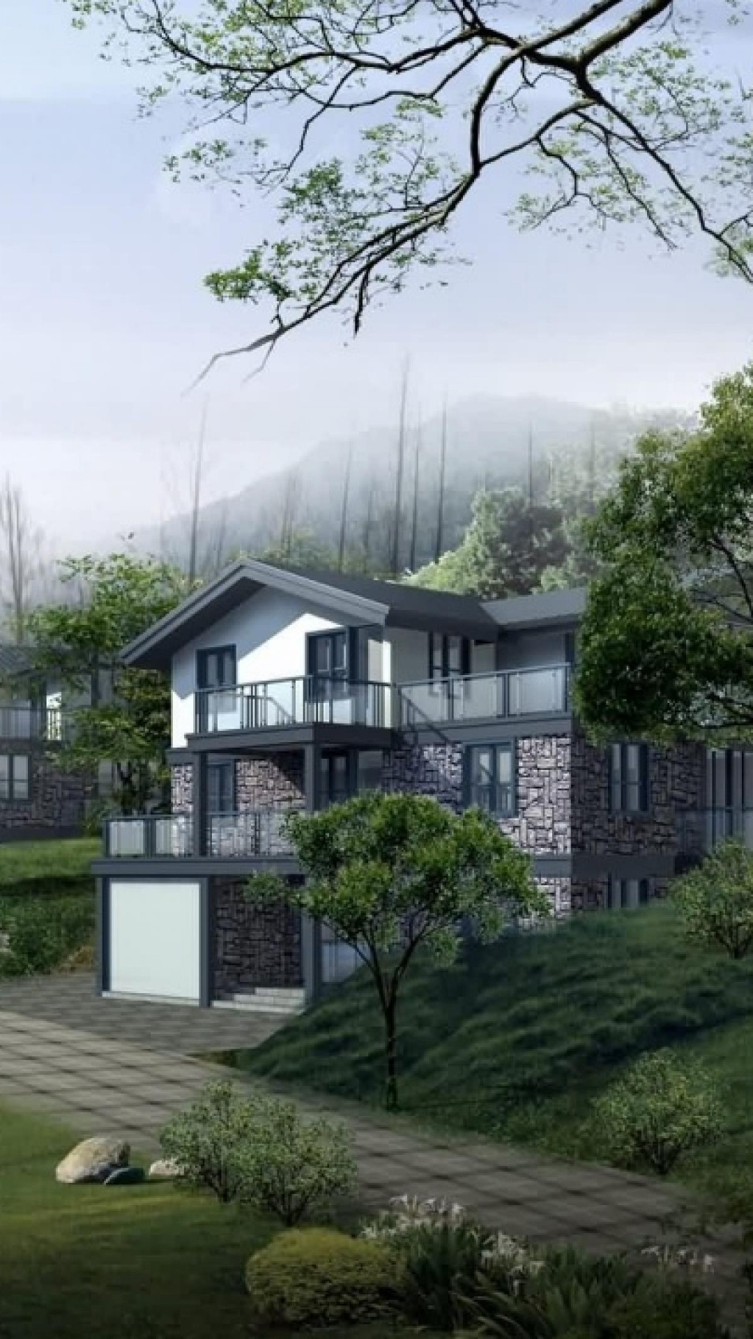 White and Black Concrete House Near Green Trees and Mountain During Daytime. Wallpaper in 1080x1920 Resolution