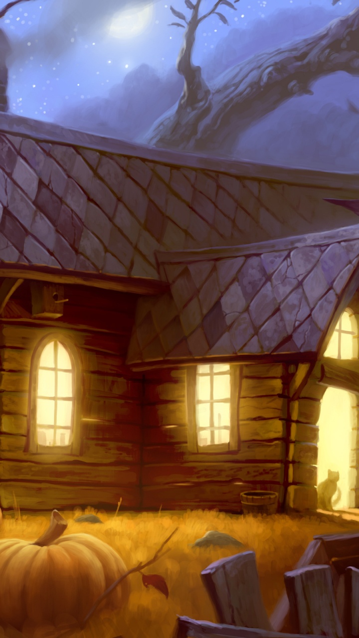 Art, Maison, Log Cabin, Hiver, Cottage. Wallpaper in 720x1280 Resolution