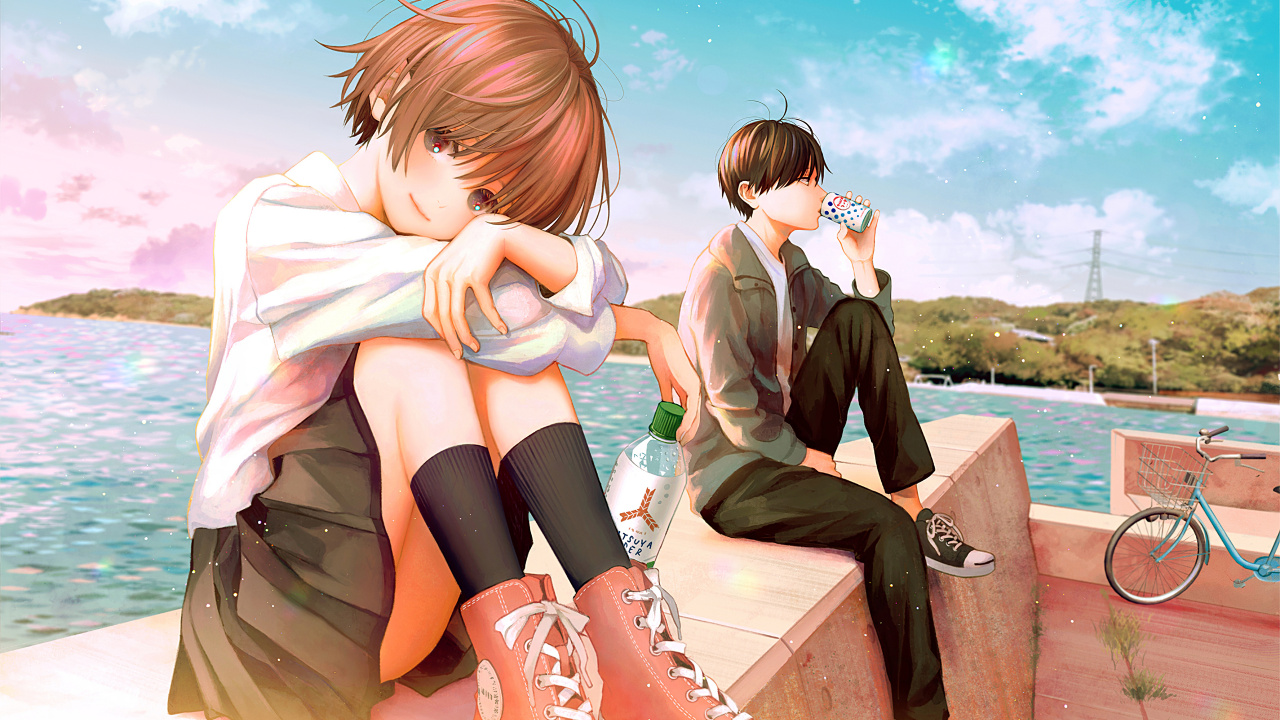 Pareja Anime, Anime, Doki Doki Literatura Club, Bicicleta, Neumatico. Wallpaper in 1280x720 Resolution