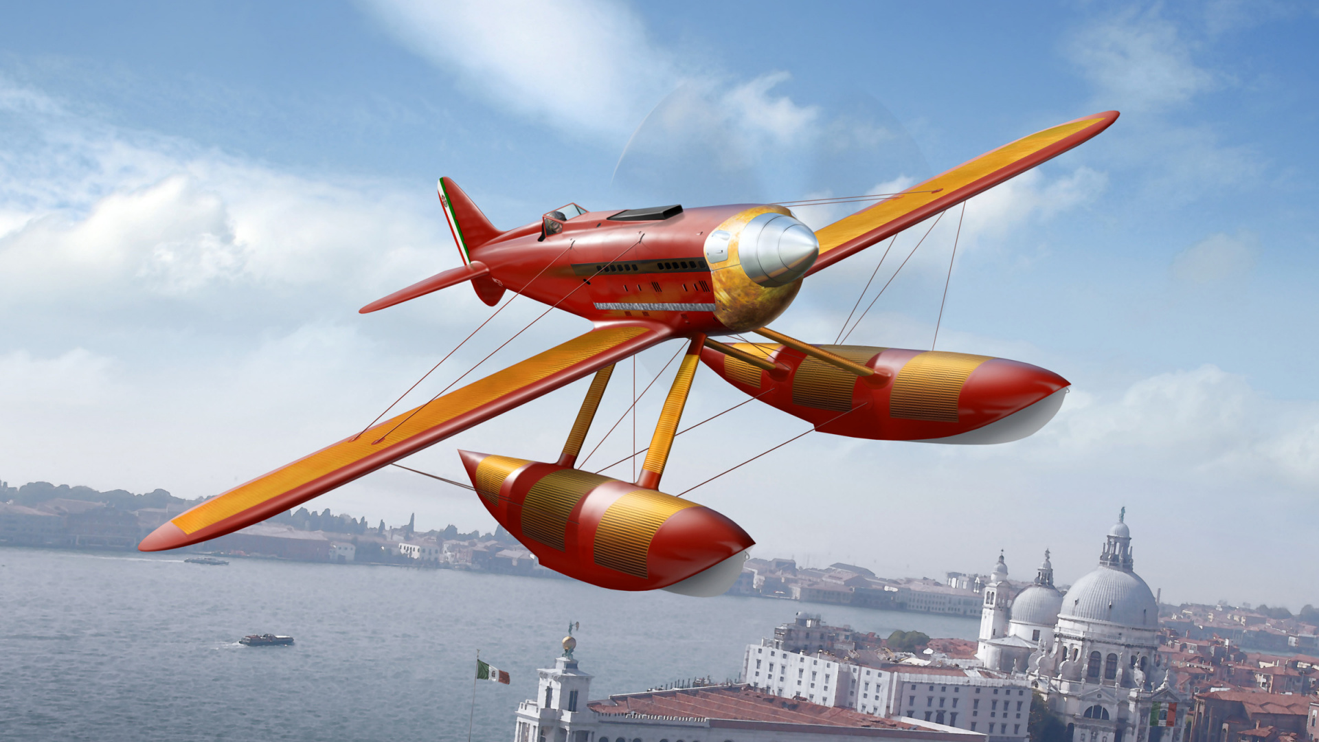 Orange-weißes Flugzeug, Das Tagsüber Über Stadtgebäude Fliegt. Wallpaper in 1920x1080 Resolution