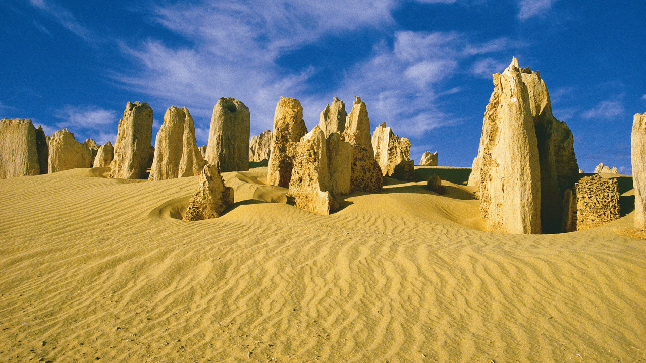 Brown Rock Formation on Brown Sand Under Blue Sky During Daytime. Wallpaper in 1280x720 Resolution