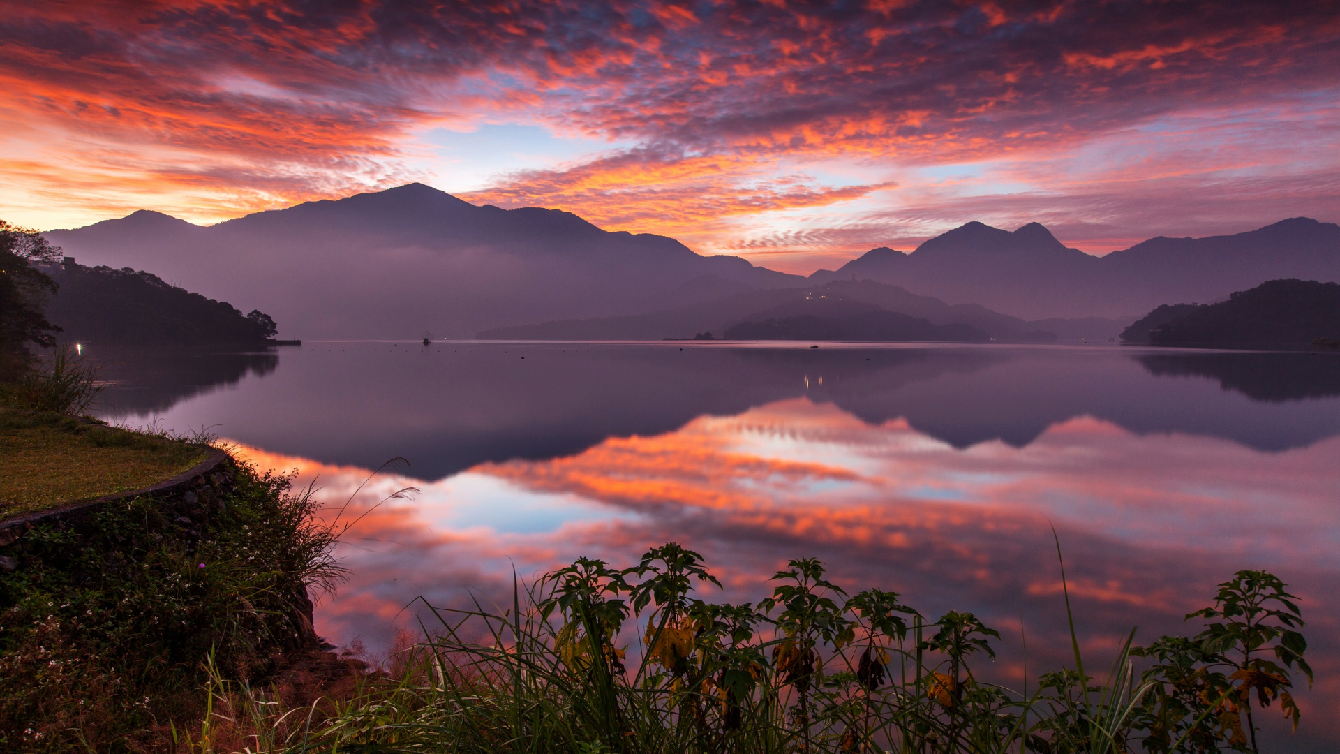 Herbe Verte Près du Lac Pendant le Coucher du Soleil. Wallpaper in 1920x1080 Resolution