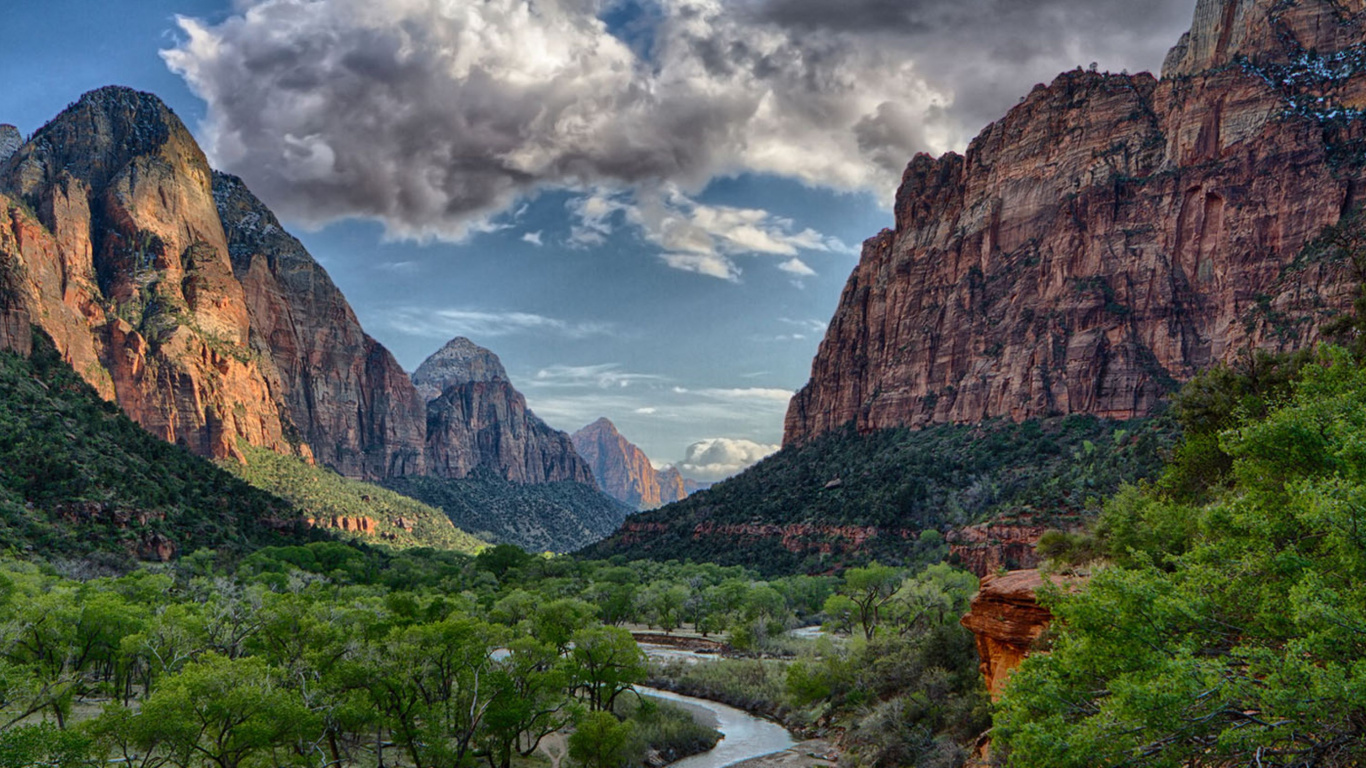 Green Trees and Brown Mountains Under Blue Sky and White Clouds During Daytime. Wallpaper in 1366x768 Resolution