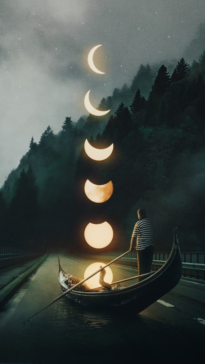 Agua, Ambiente, Barco, Luna, Luz. Wallpaper in 720x1280 Resolution