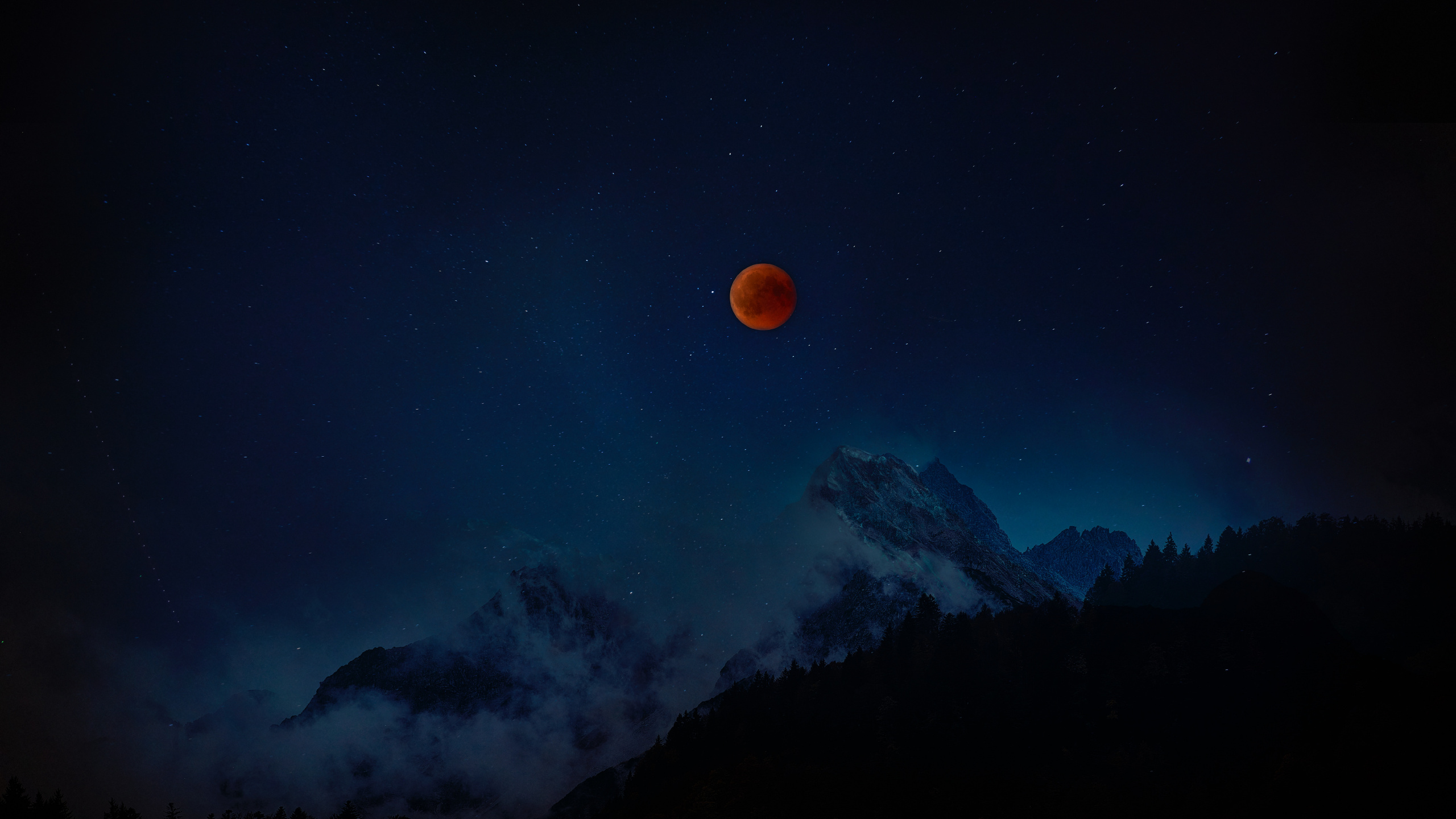 Silhouette of Mountain Under Blue Sky With Stars During Night Time. Wallpaper in 2560x1440 Resolution