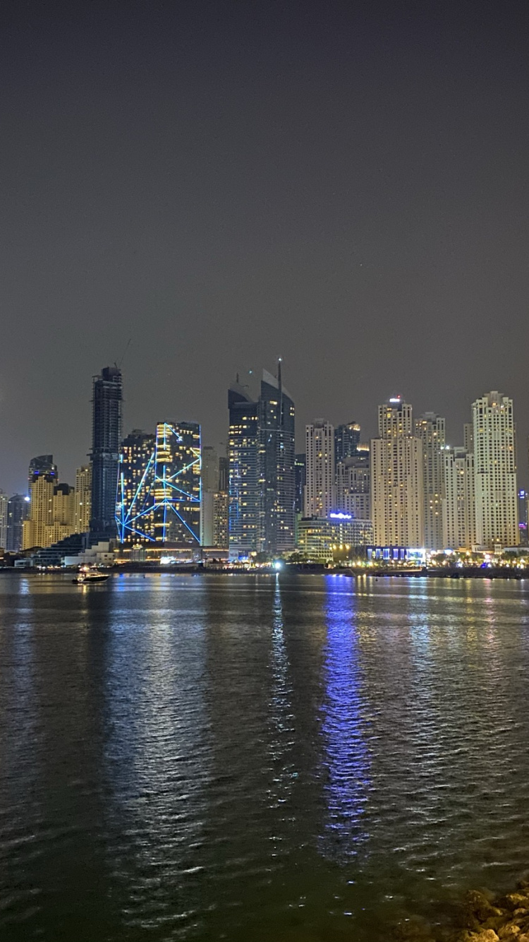 Dubai, Cityscape, Water, Night, Tower Block. Wallpaper in 750x1334 Resolution