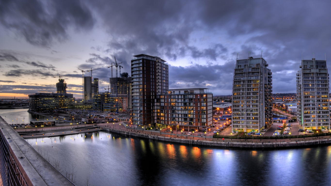 City Skyline Across Body of Water During Night Time. Wallpaper in 1366x768 Resolution