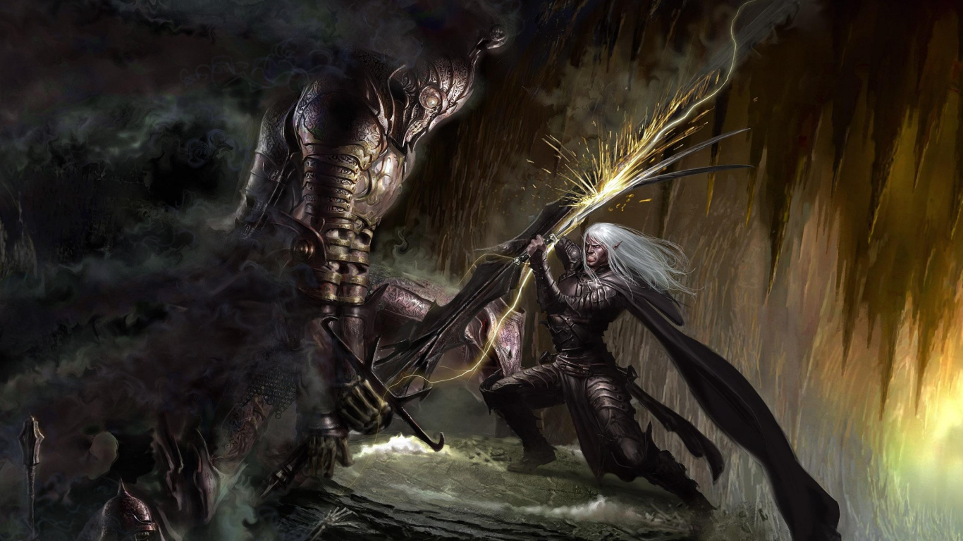 Man in Black and White Suit Holding Sword Illustration. Wallpaper in 1366x768 Resolution