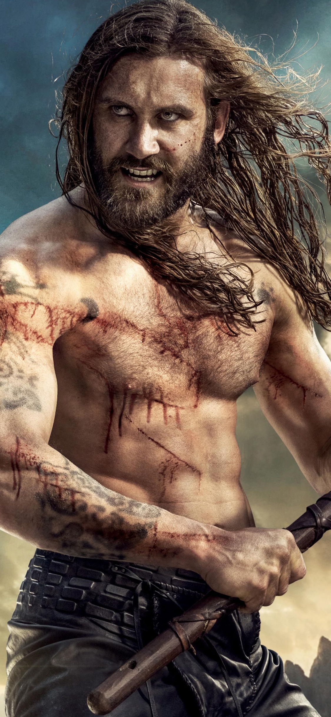 Homme Aux Seins Nus Tenant Une Batte de Baseball Noire et Rouge. Wallpaper in 1125x2436 Resolution