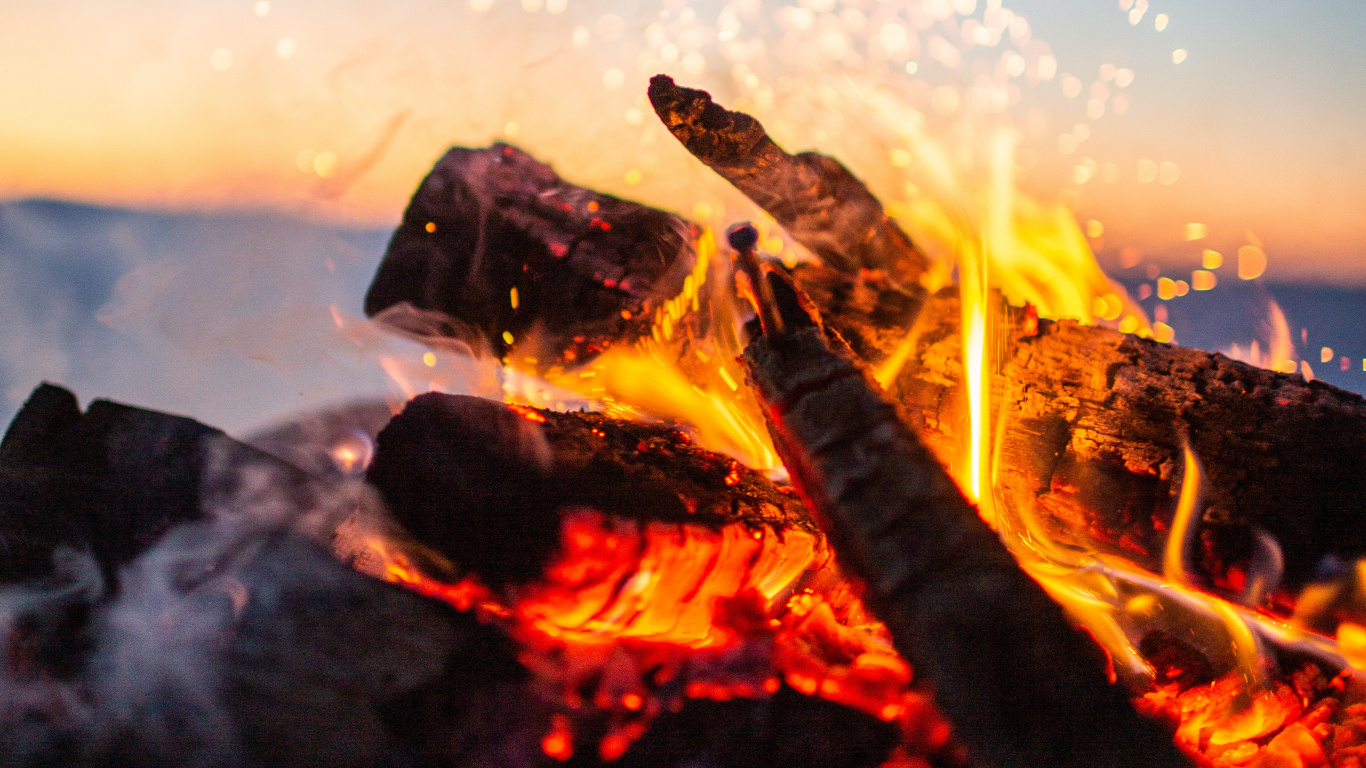 Feu Sur Bûche de Bois Brun Pendant la Nuit. Wallpaper in 1366x768 Resolution
