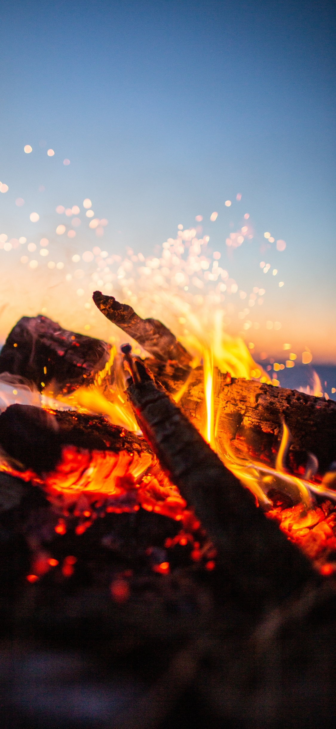 Feuer Auf Braunem Holzscheit Während Der Nacht. Wallpaper in 1125x2436 Resolution