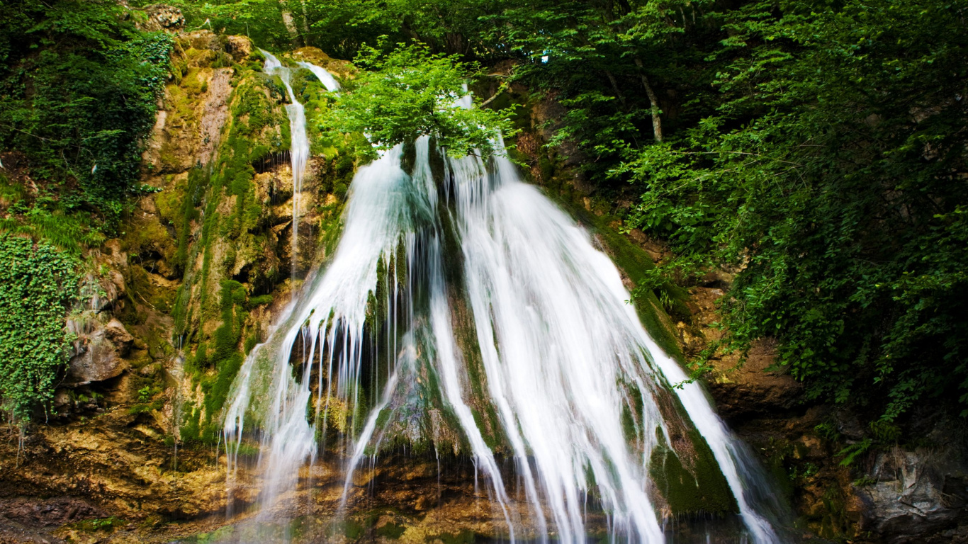 Water Falls in The Forest. Wallpaper in 1366x768 Resolution