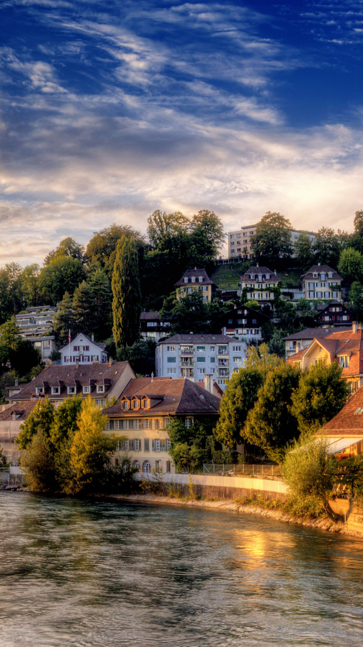 Braunes Und Weißes Betongebäude in Der Nähe Von Grünen Bäumen Und Gewässern Unter Blauem Himmel Während. Wallpaper in 750x1334 Resolution