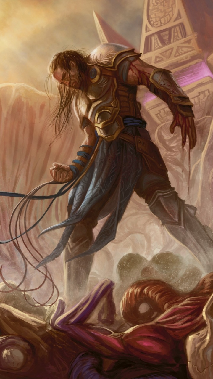 Mann im Braunen Und Schwarzen Anzug Mit Schwertillustration. Wallpaper in 720x1280 Resolution