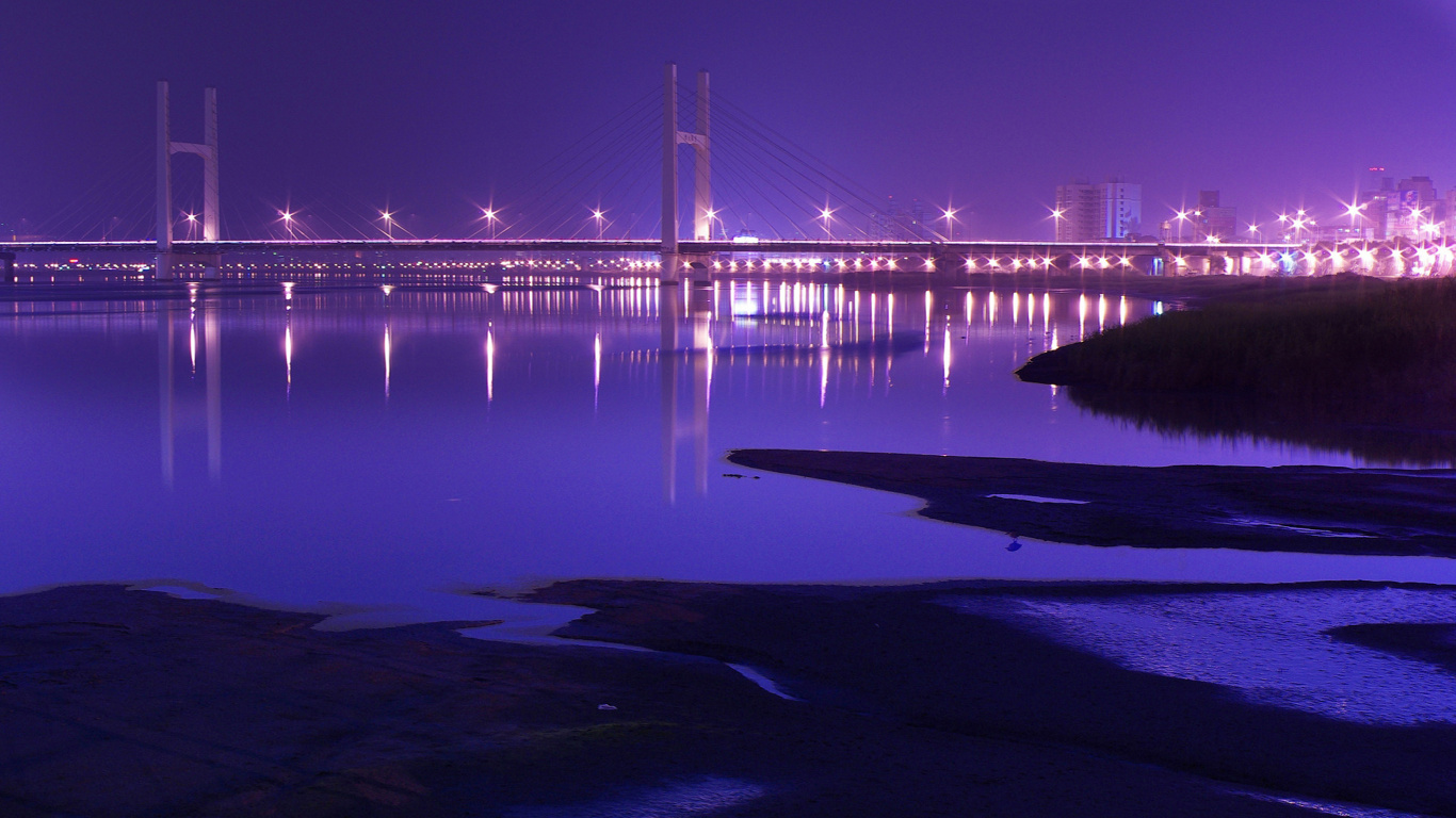 Bridge Over Water During Night Time. Wallpaper in 1366x768 Resolution