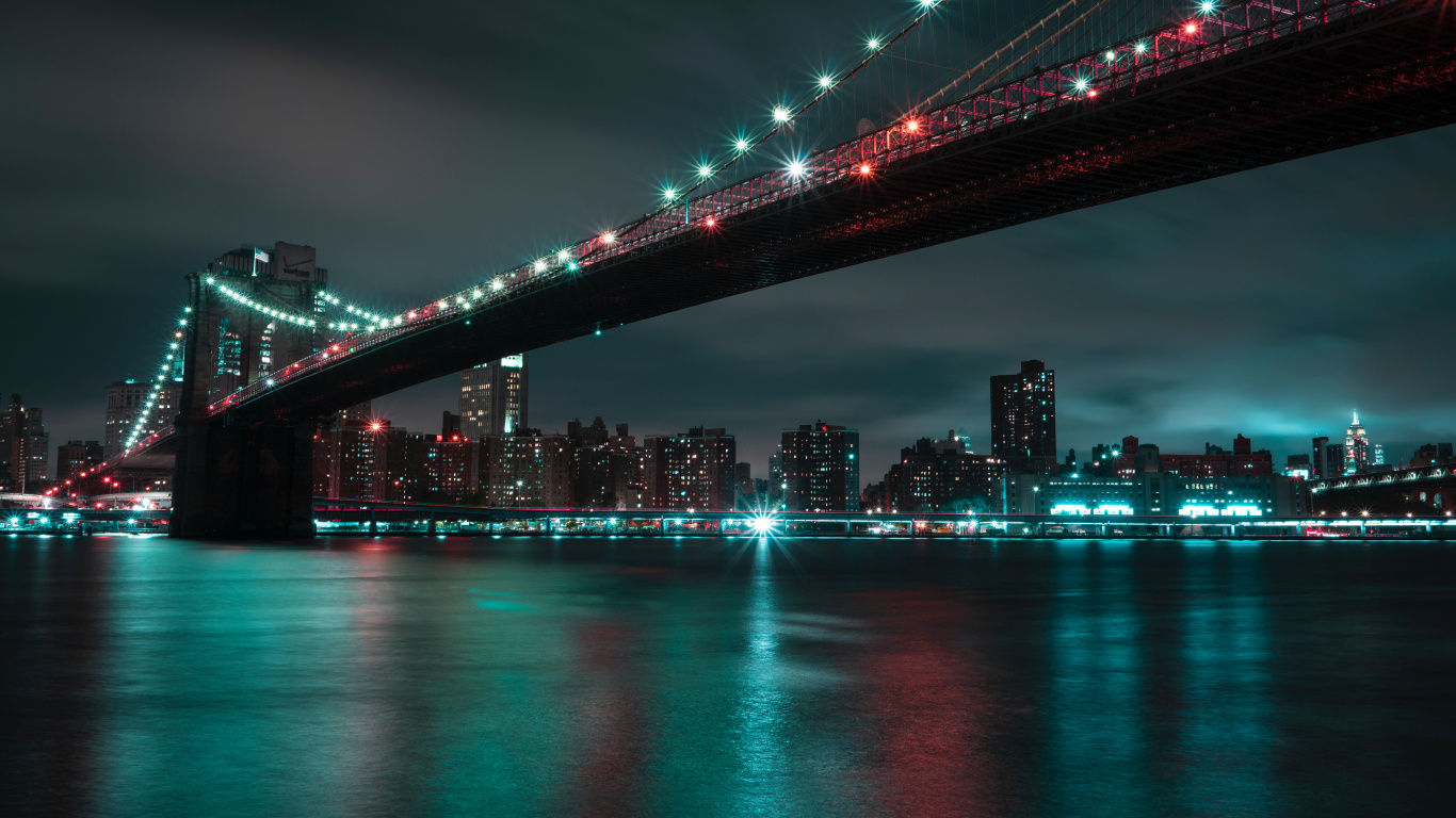 布鲁克林大桥, 城市景观, 城市, 红色的, 里程碑 壁纸 1366x768 允许