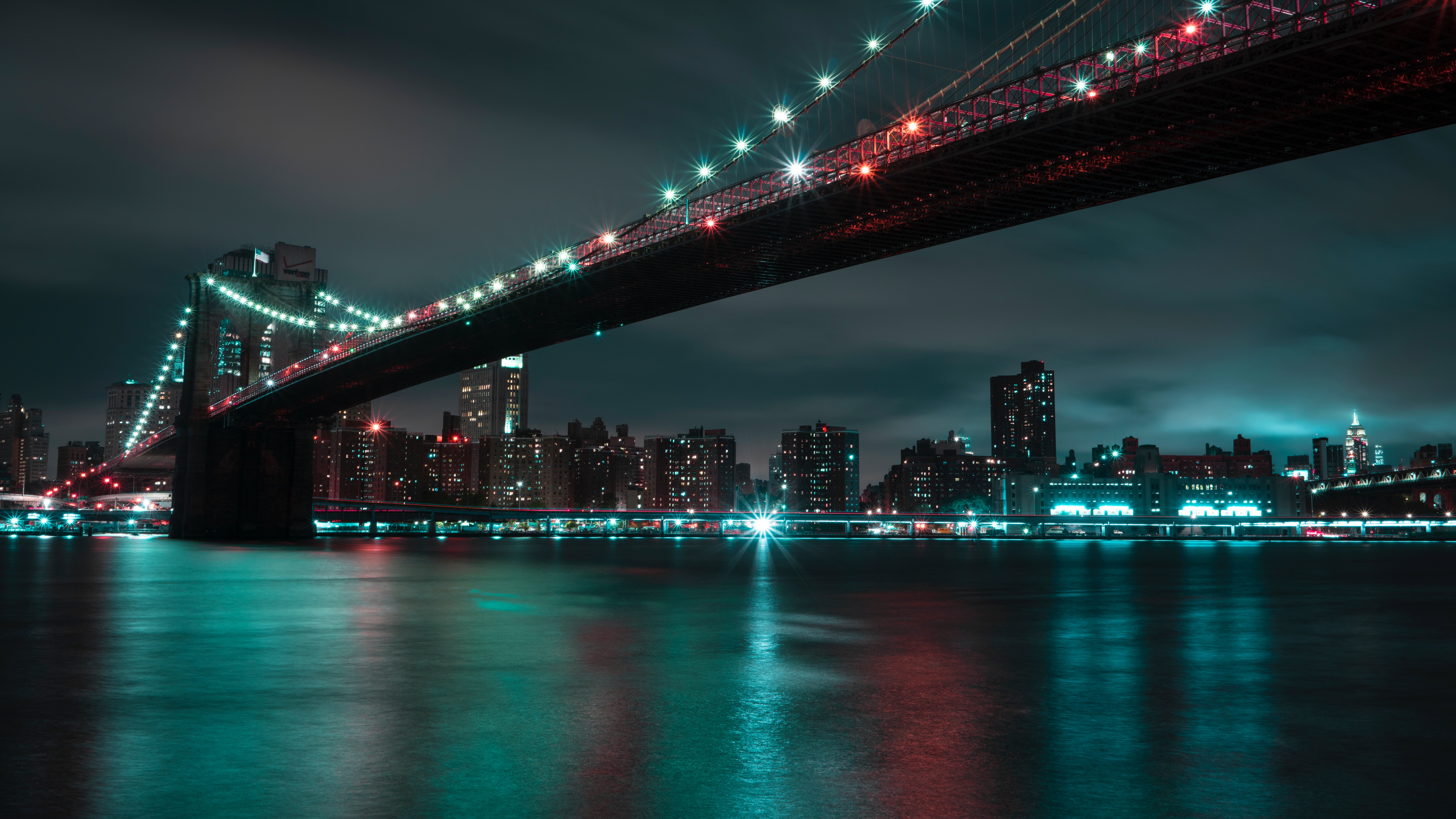 布鲁克林大桥, 城市景观, 城市, 红色的, 里程碑 壁纸 7680x4320 允许