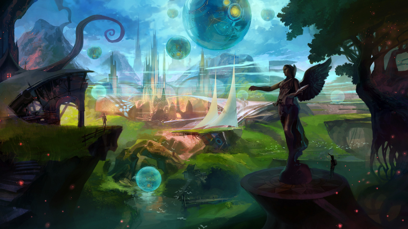 Mujer en Vestido Negro de Pie Sobre el Agua Verde. Wallpaper in 1366x768 Resolution