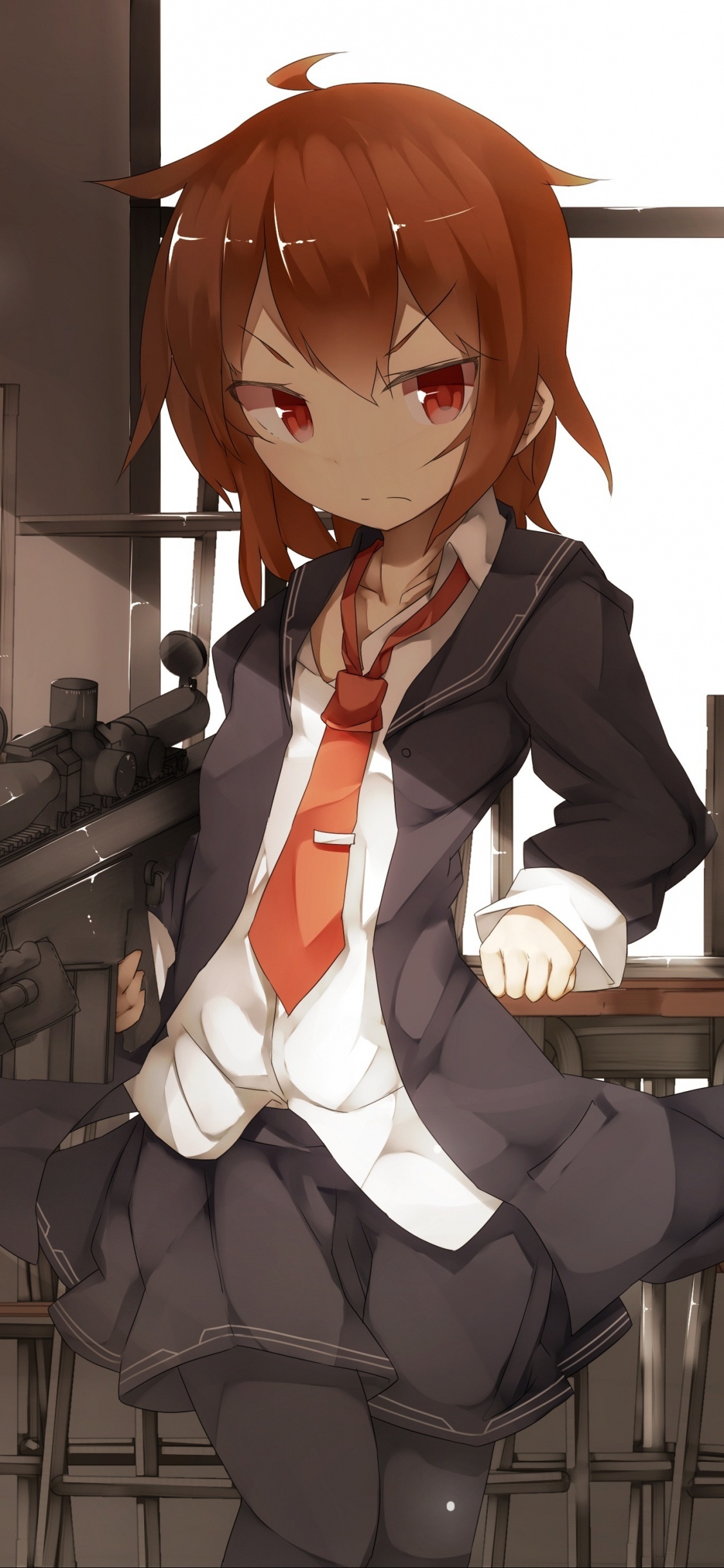 Braunhaariger Männlicher Anime-Charakter Mit Gewehr. Wallpaper in 1125x2436 Resolution