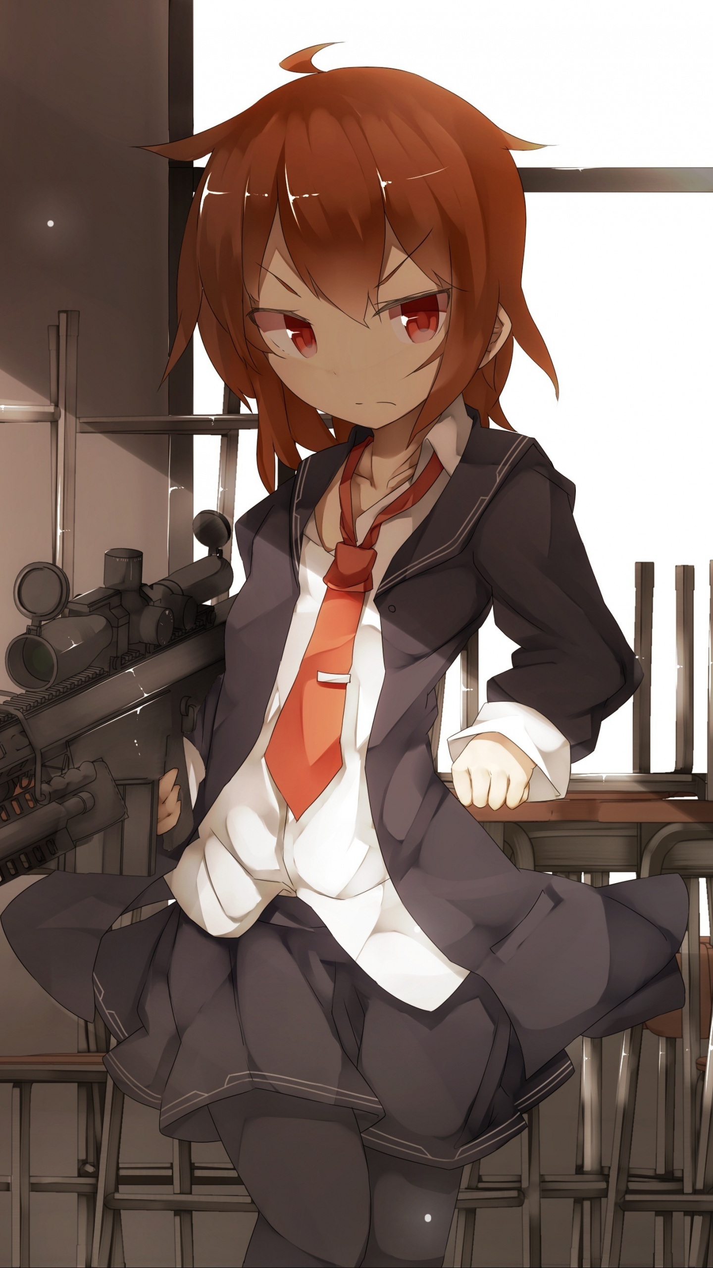 Brown Haired Male Anime Character Holding Rifle. Wallpaper in 1440x2560 Resolution