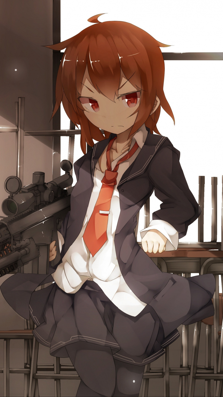 Brown Haired Male Anime Character Holding Rifle. Wallpaper in 750x1334 Resolution