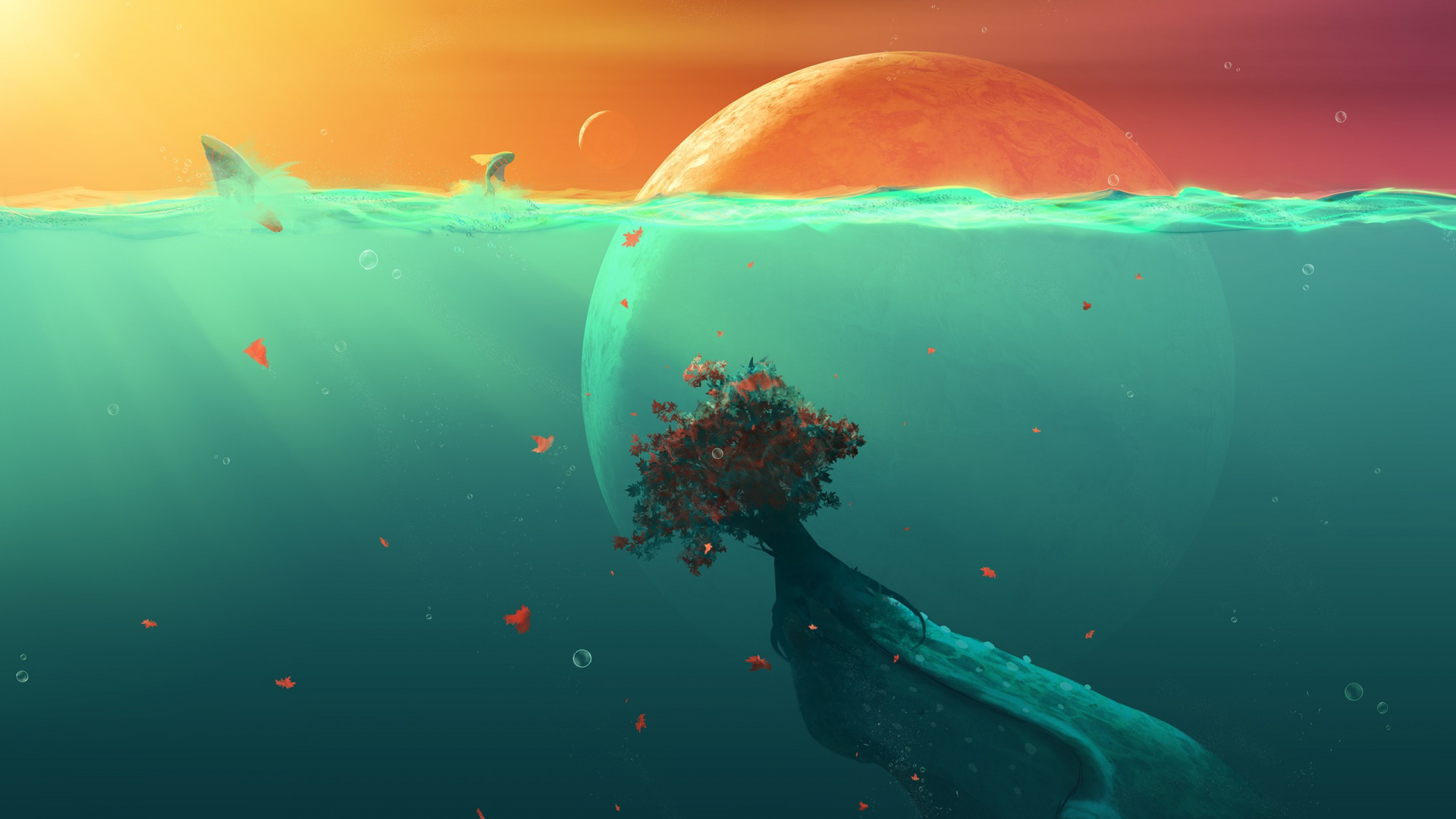 绿色的, 水上, 水下, 海洋生物学, 深海 壁纸 1920x1080 允许